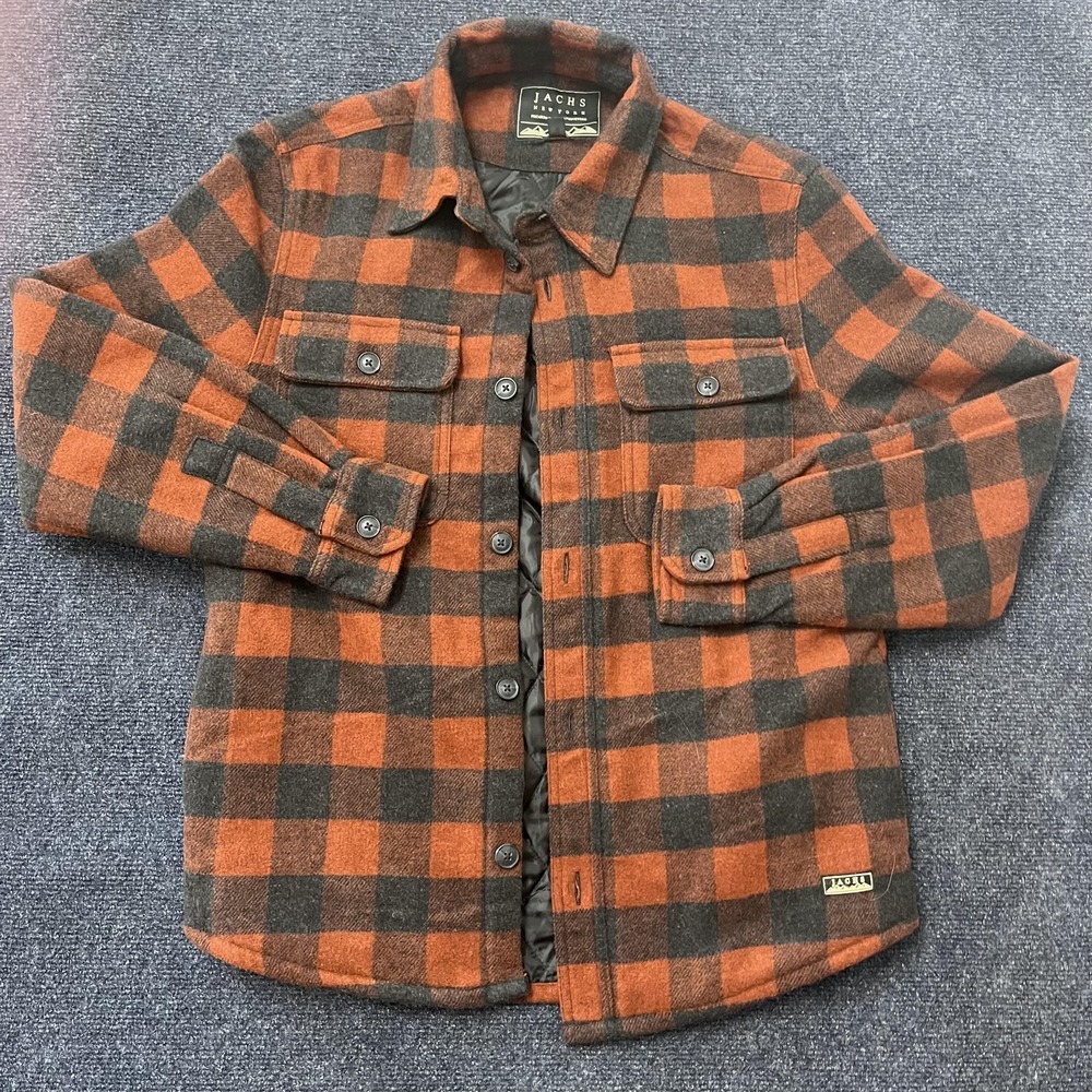 JACHS New York Jacket Mens Medium Orange Buffalo Plaid Quilted Flannel Shacket‎